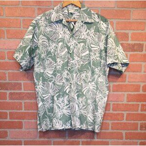 Go Barefoot Mens Hawaiian Shirt Size L Green Floral Tropical Leaf Print Resort